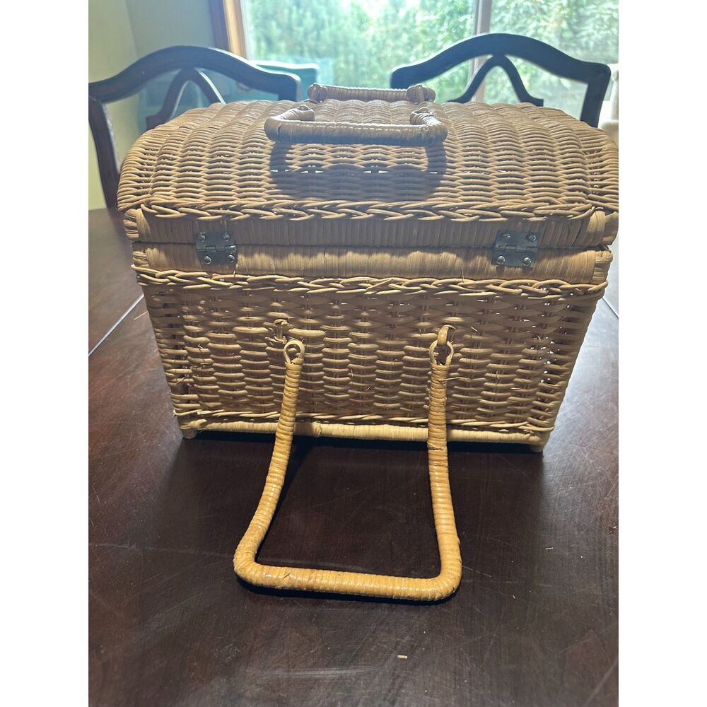 Vintage Woven Wicker Picnic Basket Large Domed Lid Storage Box Double Handles